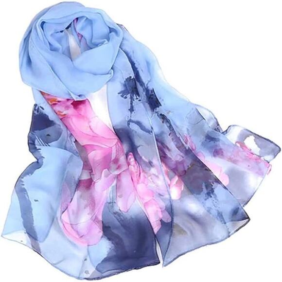 NEW Womens Beautiful Sheer Floral Pattern Scarf Super Soft and Silky BLUE/ PINK - Picture 1 of 2